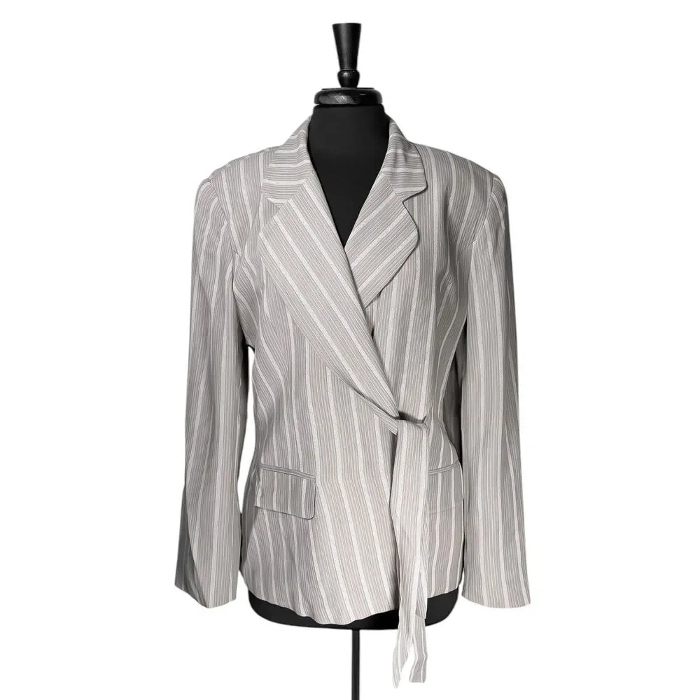 Vintage Christian Dior Womens 14 Gray Pinstripe Wrap Blazer Tie Waist Jacket USA